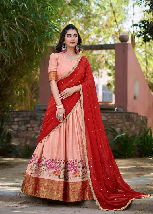 Lehenga Choli en Soie Coton Pêche avec Broderie