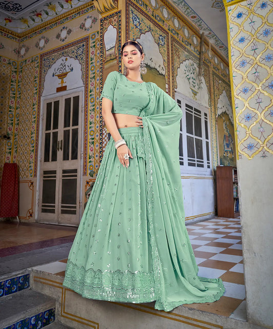Lehenga choli vert pistache en georgette avec broderies de fils et sequins