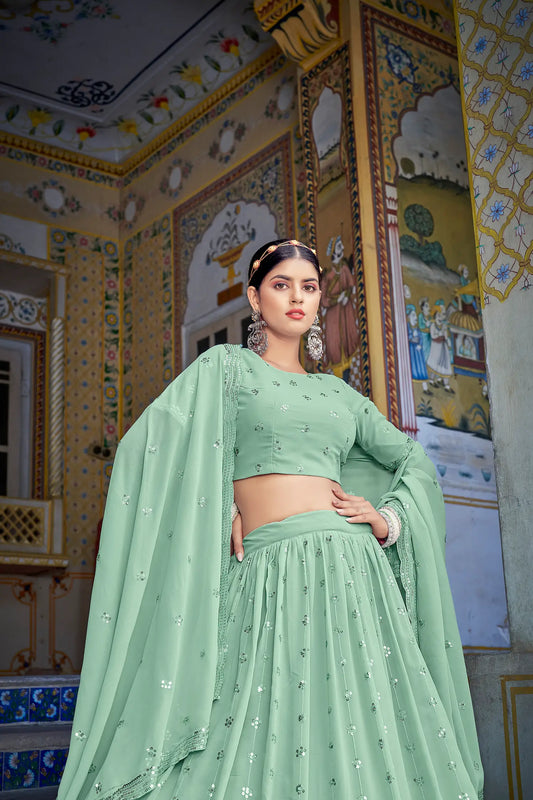 Lehenga choli vert pistache en georgette avec broderies de fils et sequins