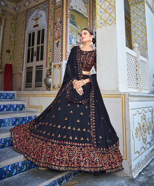 Lehenga choli bleu profond en georgette avec broderies de fils et sequins