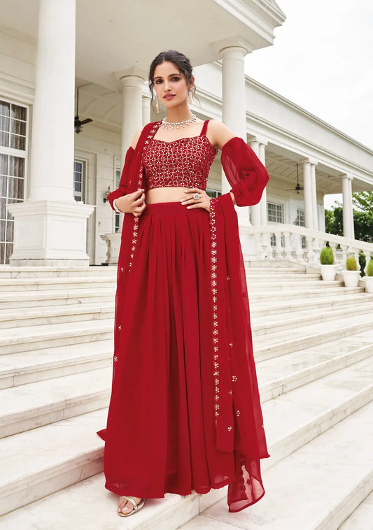 Lehenga Choli en Georgette Rouge avec Broderie au Fil et Sequins