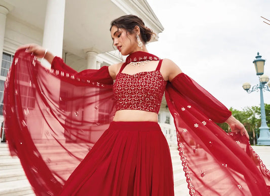 Lehenga Choli en Georgette Rouge avec Broderie au Fil et Sequins