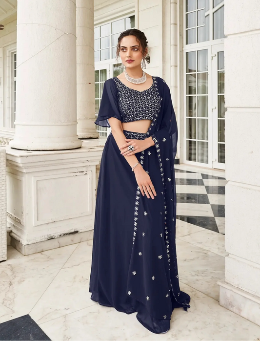 Lehenga Choli en Georgette Bleu Marine avec Broderie au Fil et Sequins