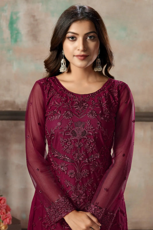 Ensemble Salwar en Filet Rose Foncé avec Broderie au Fil et Sequins