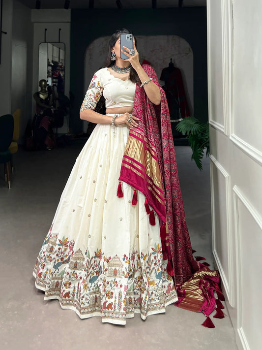 White khadi cotton embroidered lehenga choli with Gaji silk dupatta