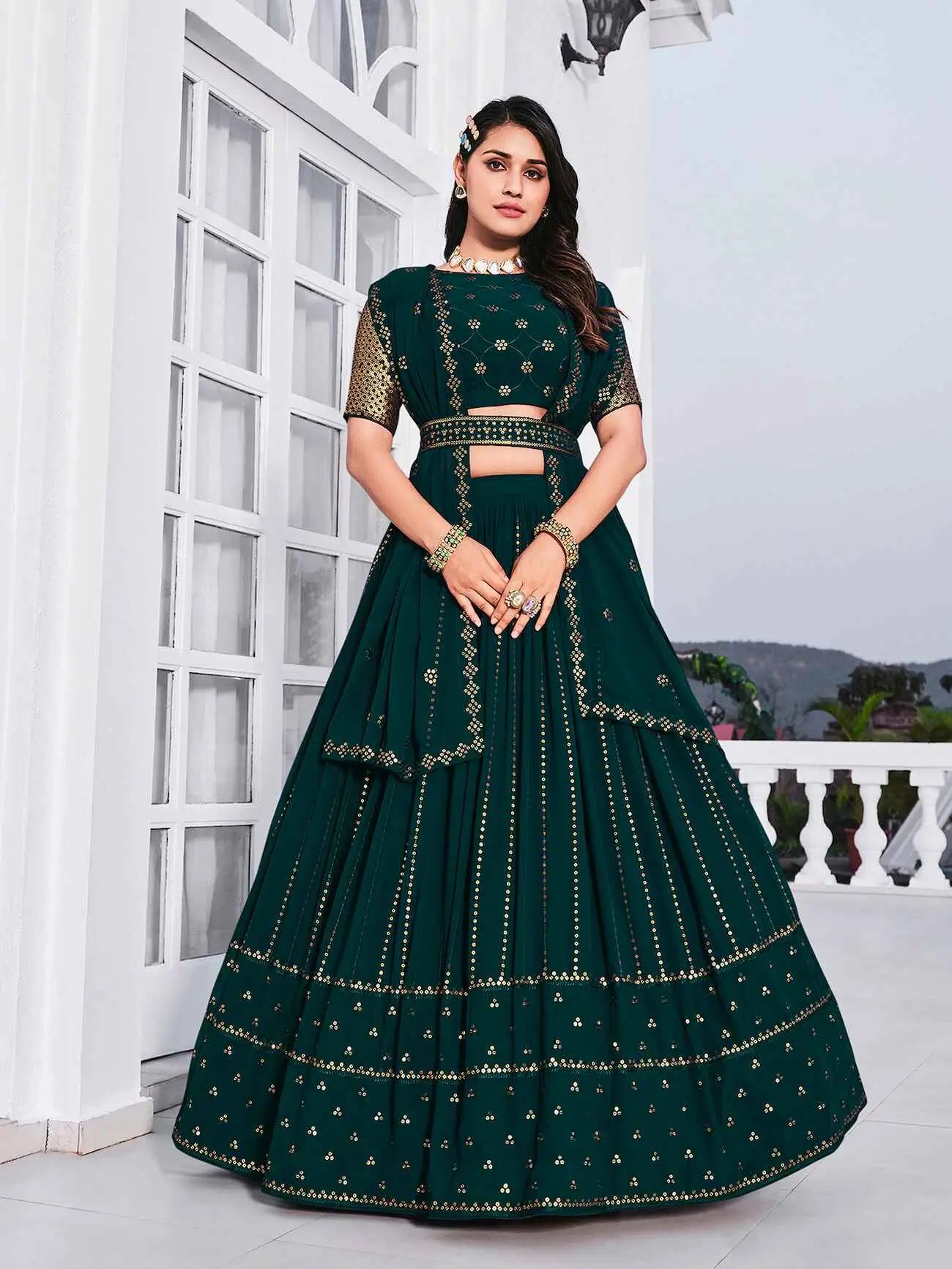 Teal Green Georgette Lehenga Choli Set with Thread Embroidery and Sequins