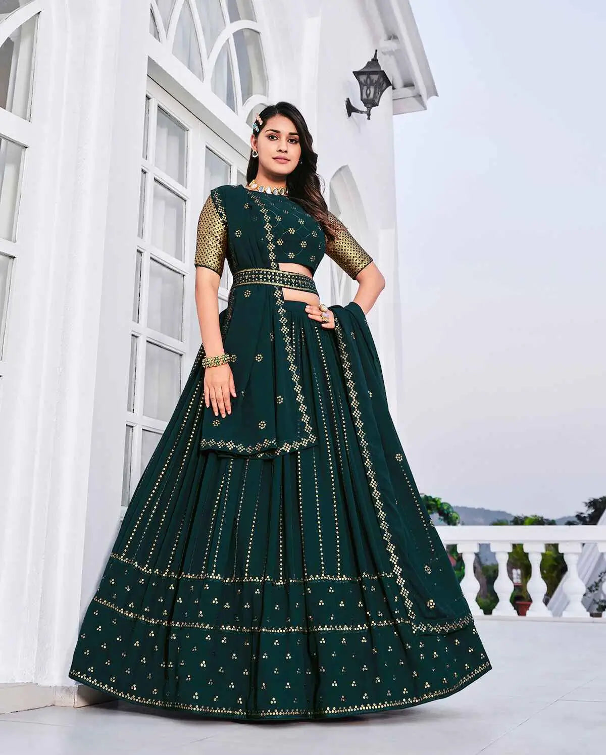 Teal Green Georgette Lehenga Choli Set with Thread Embroidery and Sequins