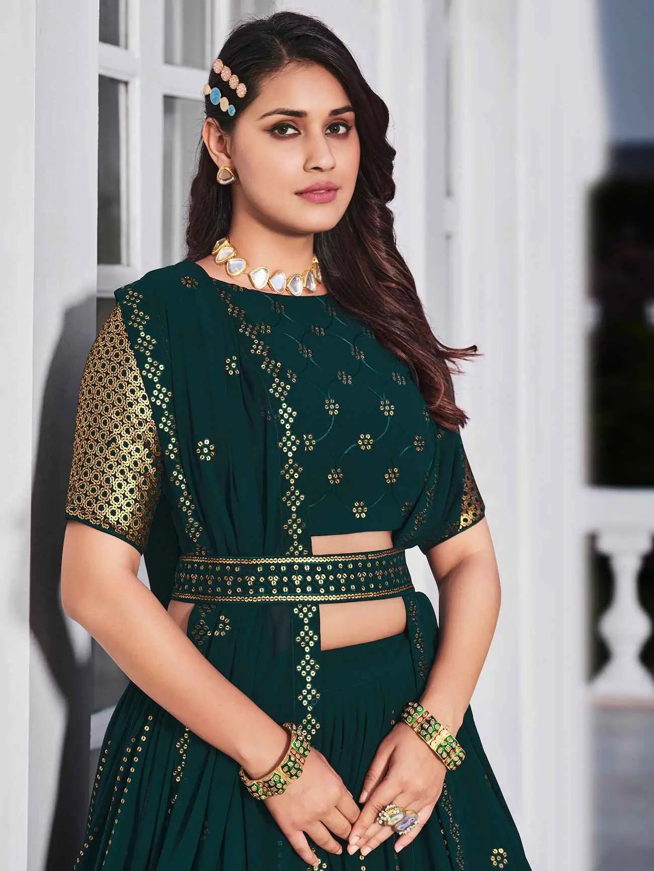 Teal Green Georgette Lehenga Choli Set with Thread Embroidery and Sequins
