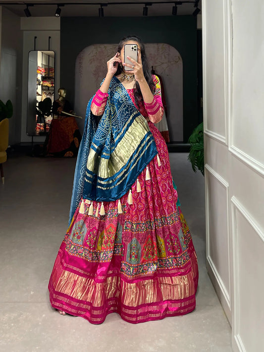 Traditionally printed Gaji silk lehenga choli in dark pink color