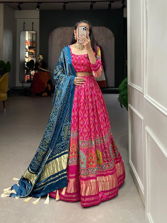 Traditionally printed Gaji silk lehenga choli in dark pink color