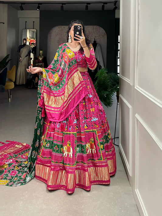 Traditionally printed Gaji silk lehenga choli in fuchsia pink color