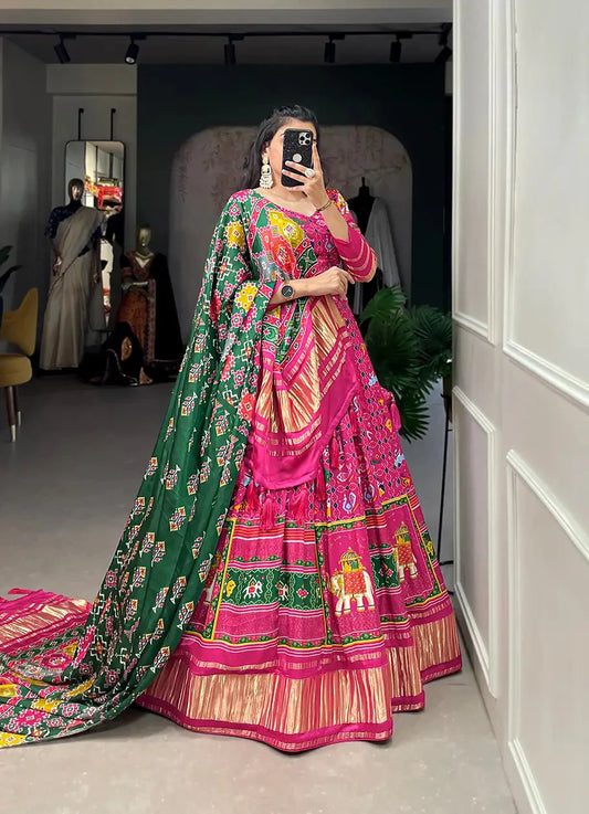 Traditionally printed Gaji silk lehenga choli in fuchsia pink color