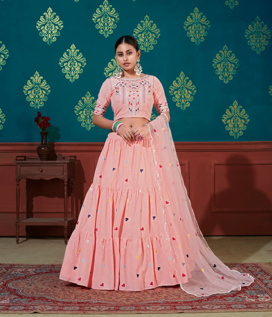 Lehenga Choli en Coton Pêche avec Broderie au Fil et Sequins