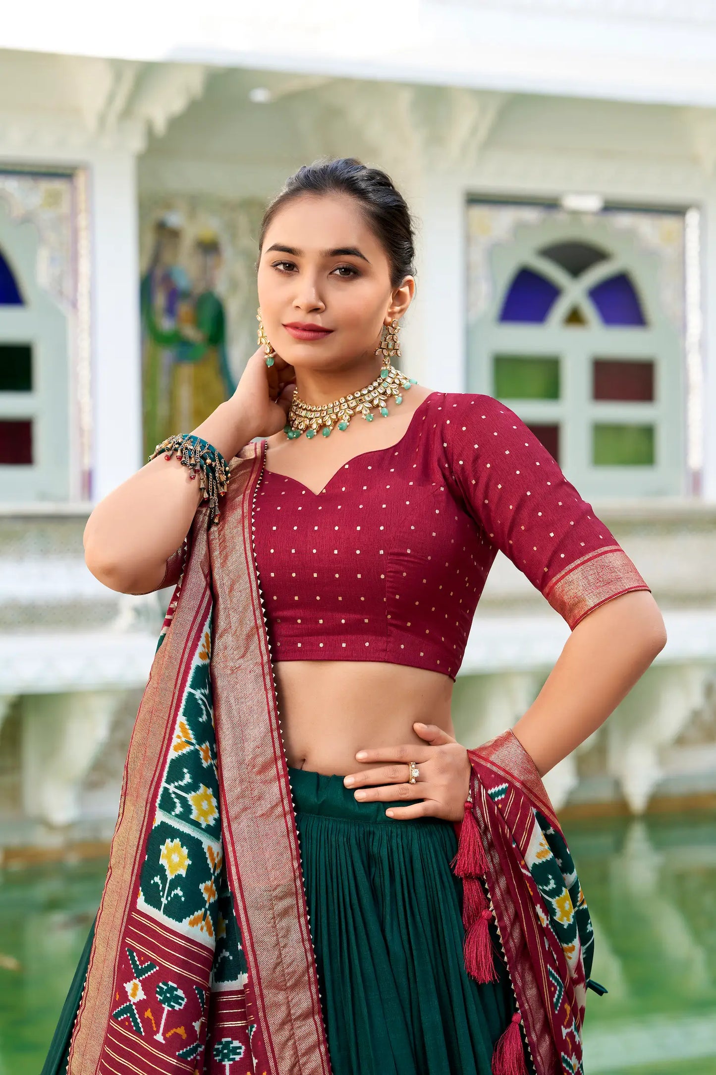 Green Tussar Silk Lehenga Choli – Patola Print and Metallic Foil Work