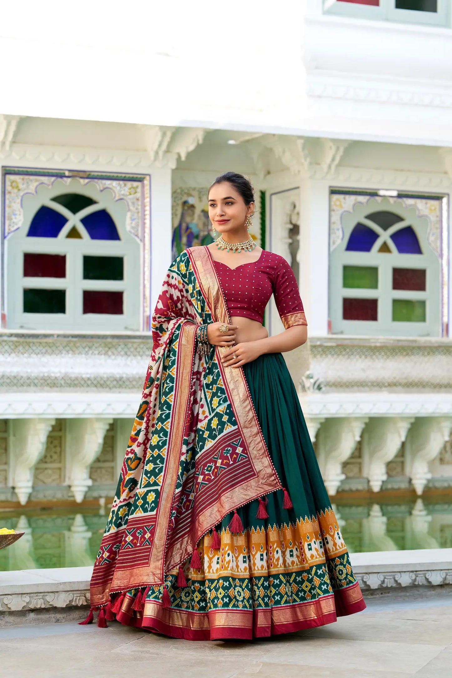 Green Tussar Silk Lehenga Choli – Patola Print and Metallic Foil Work