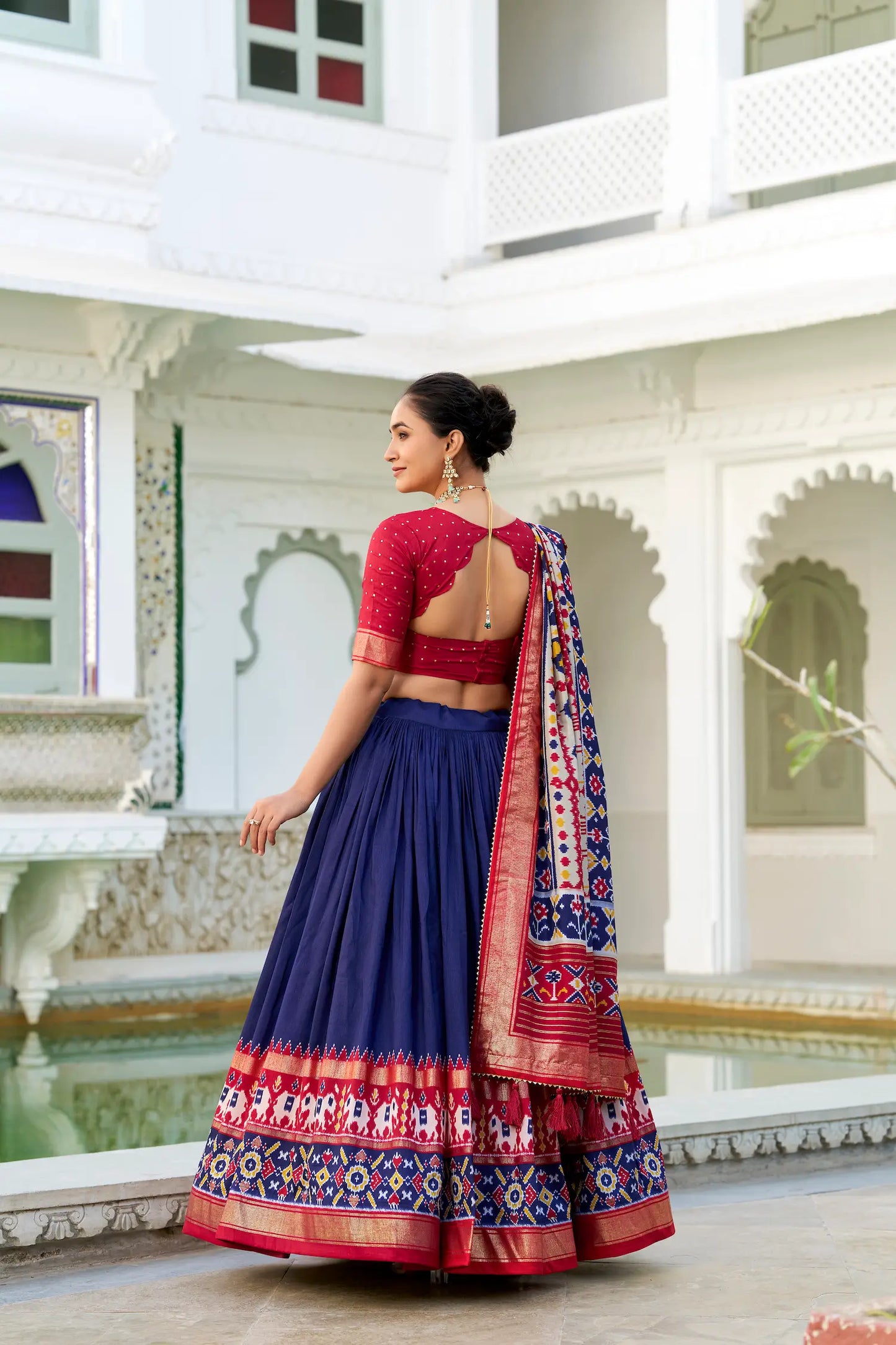 Navy Blue Tussar Silk Lehenga Choli – Patola Print and Metallic Foil Work