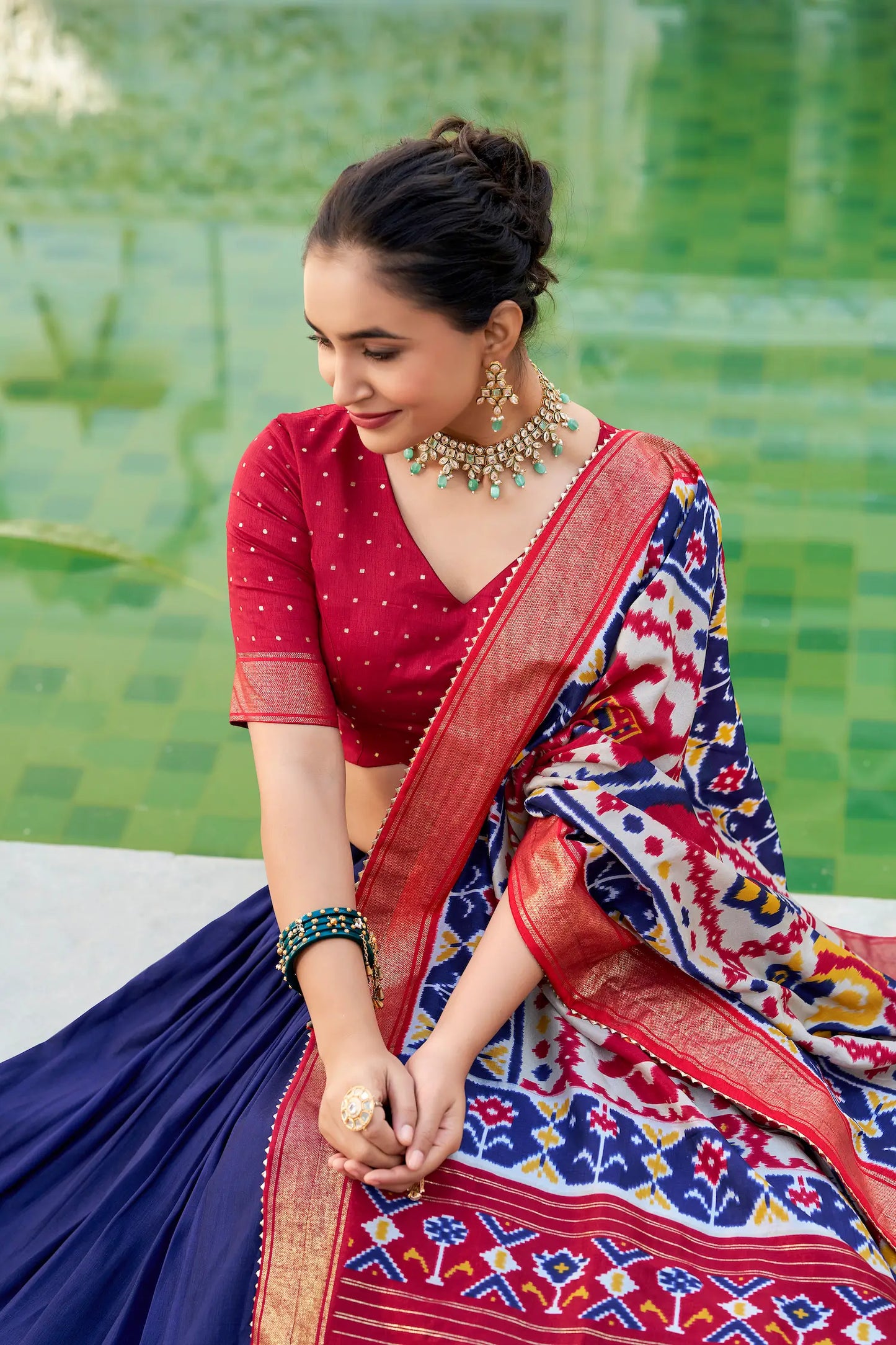 Navy Blue Tussar Silk Lehenga Choli – Patola Print and Metallic Foil Work