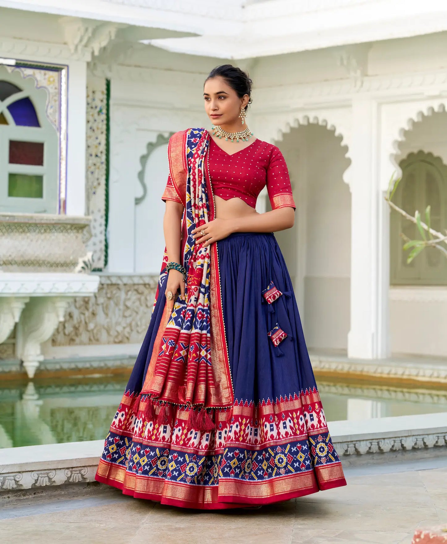Navy Blue Tussar Silk Lehenga Choli – Patola Print and Metallic Foil Work