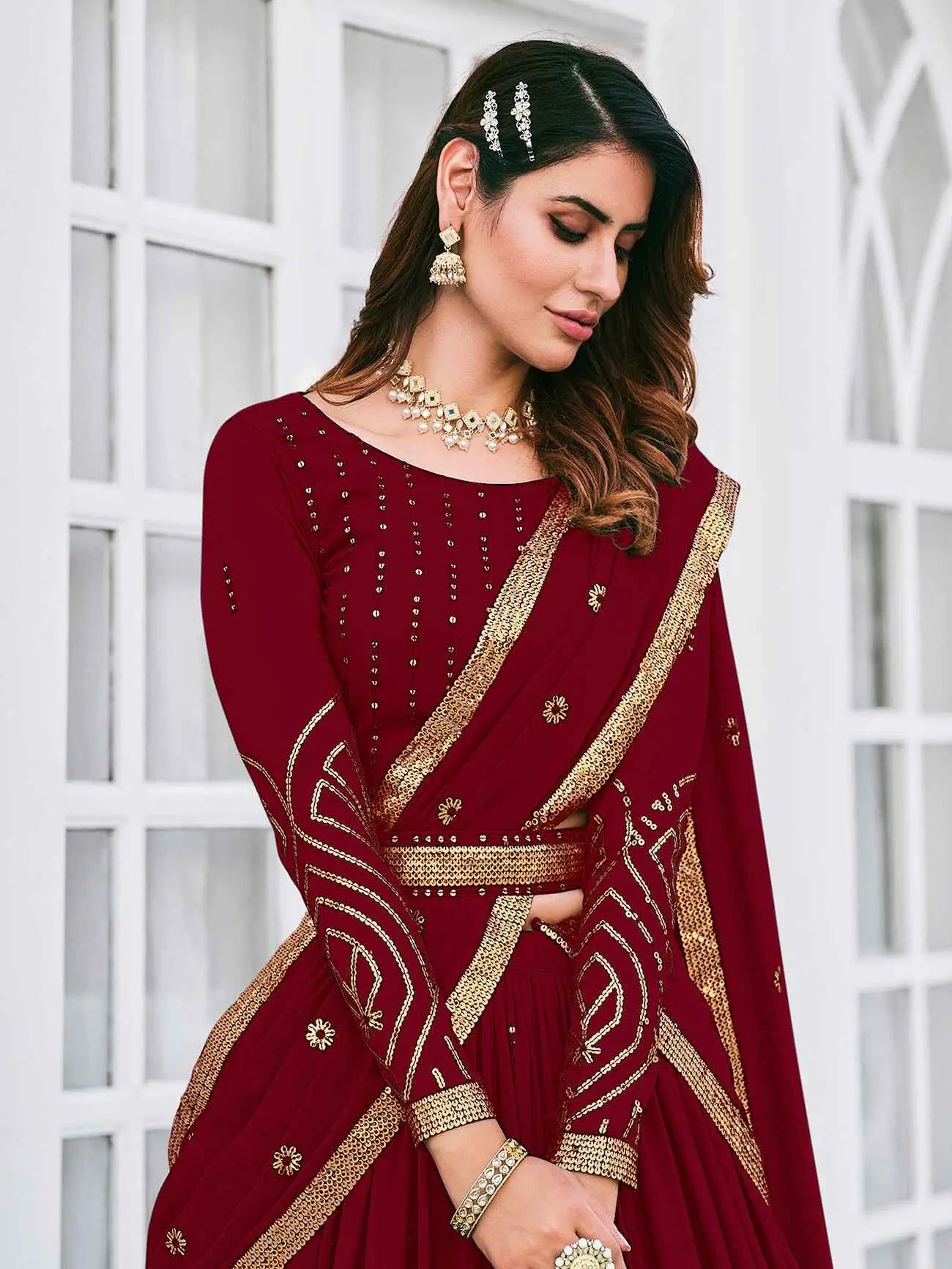 Burgundy Georgette Lehenga Choli Set with Thread Embroidery and Sequins