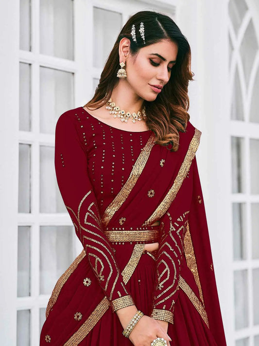 Ensemble Lehenga Choli bordeaux en georgette avec broderie en fil et sequins