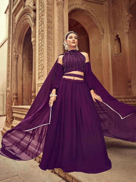 Ensemble Lehenga Rouge Grenat en Georgette avec Travail Main