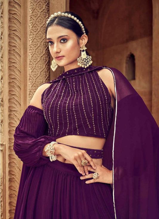 Ensemble Lehenga Rouge Grenat en Georgette avec Travail Main