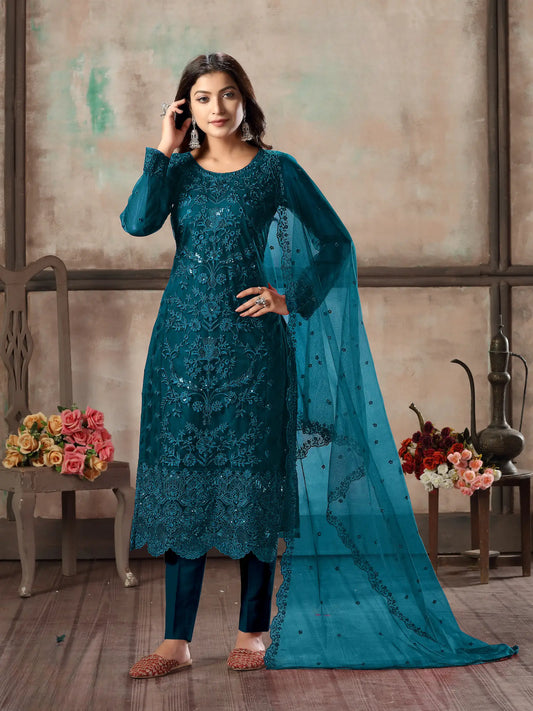 Salwar Kameez Bleu Sarcelle en Filet avec Broderie au Fil et Sequins