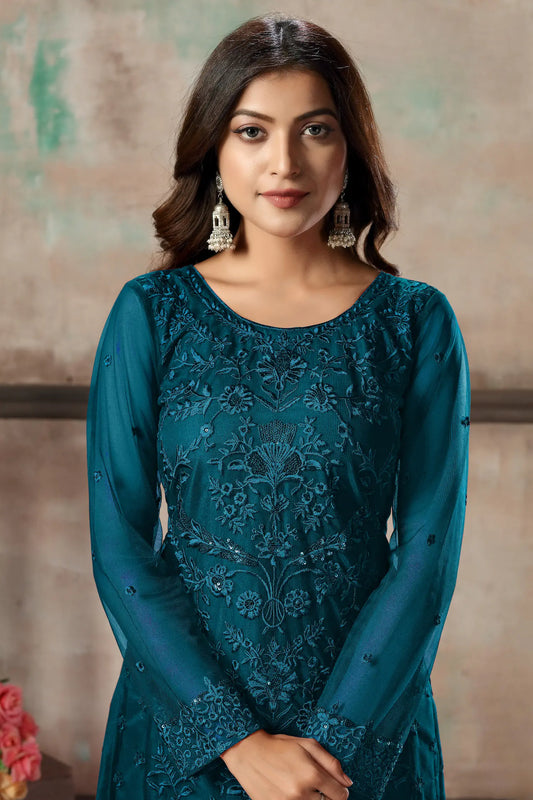 Salwar Kameez Bleu Sarcelle en Filet avec Broderie au Fil et Sequins