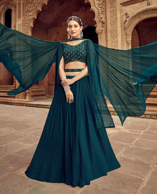 Ensemble Lehenga Bleu Vert en Georgette avec Travail Main