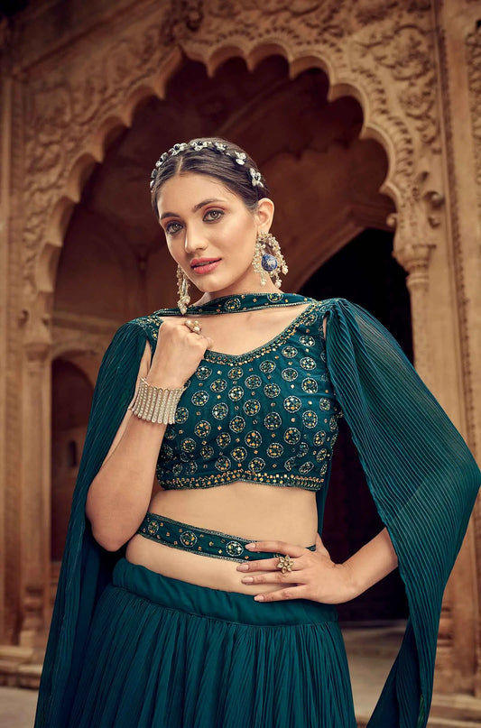 Ensemble Lehenga Bleu Vert en Georgette avec Travail Main
