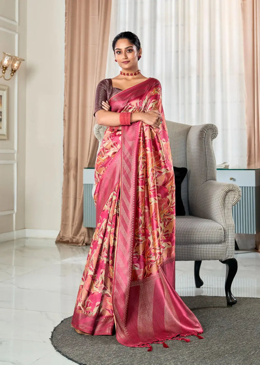 Sari en soie tissée à la main rose poudré avec imprimé numérique et large bordure zari