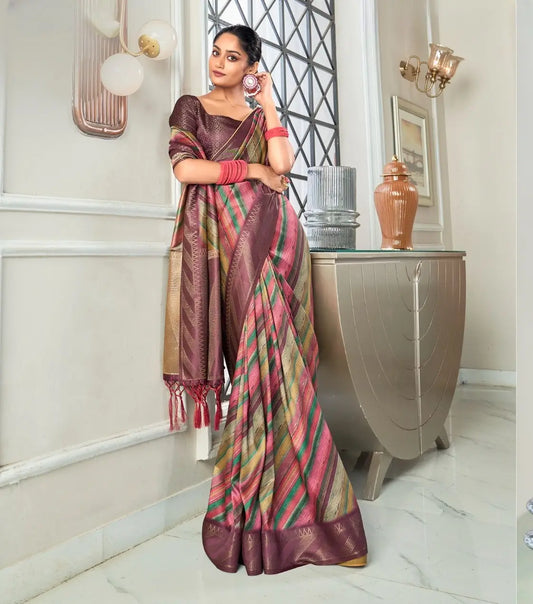 Sari en soie tissée à la main violet-brun avec imprimé numérique à rayures et large bordure zari