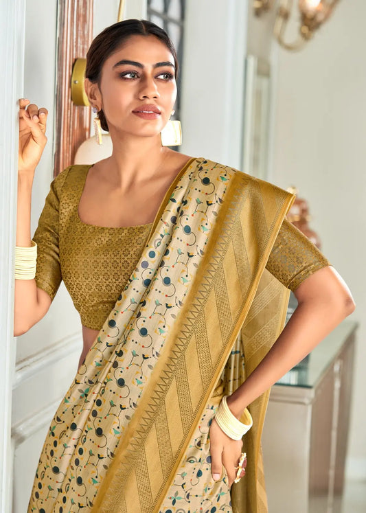 Sari en soie tissée à la main de couleur crème et dorée avec impression numérique à pois et bordure en zari large