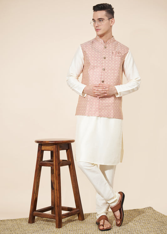 Ensemble Kurta tendance blanc avec Veste Koti rose clair en jacquard COLLECTION AYAAN