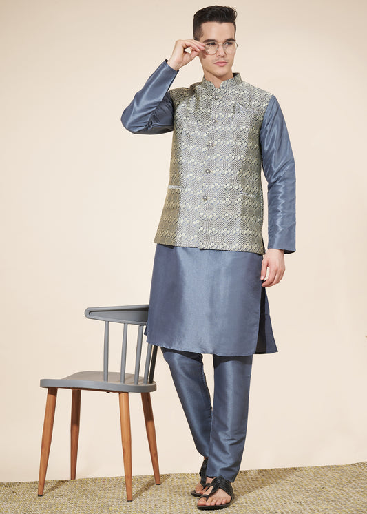 Ensemble Kurta tendance bleu gris avec Veste Koti à motifs en jacquard COLLECTION AYAAN