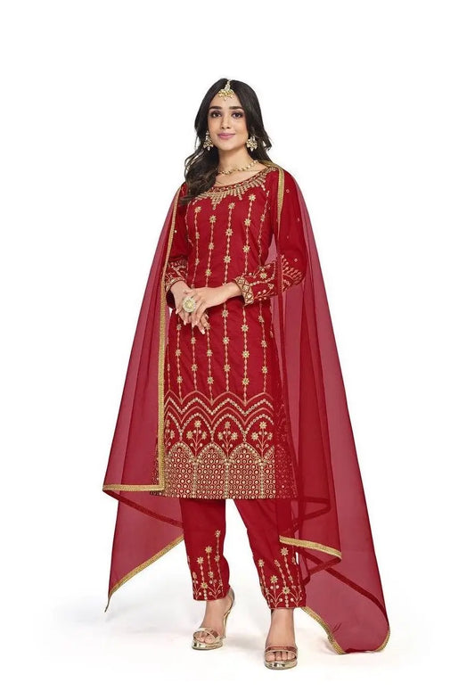 Salwar Suit Rouge en Soie Douce Bitalian avec Broderie & Travail de Miroir
