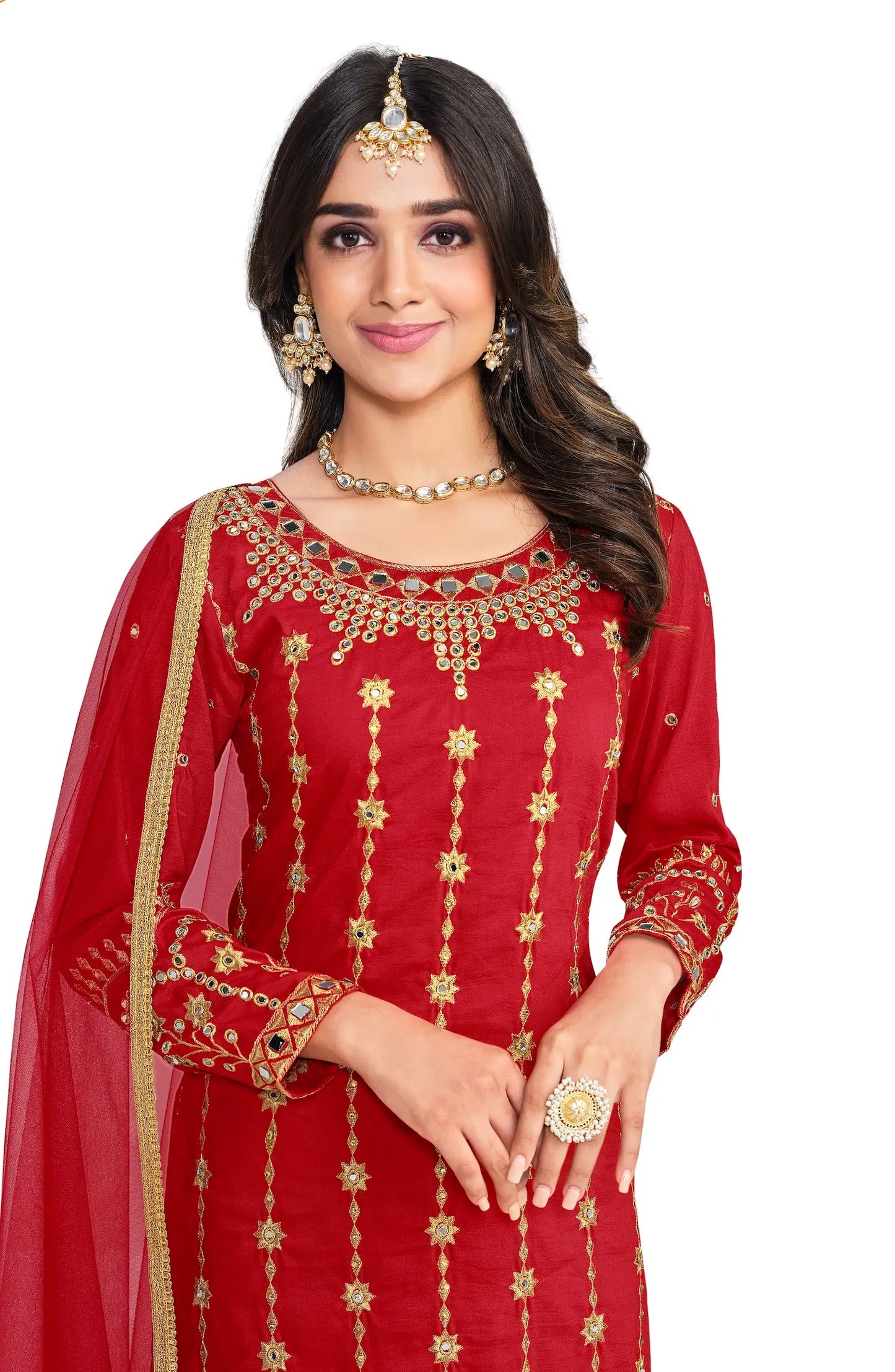 Salwar Suit Rouge en Soie Douce Bitalian avec Broderie & Travail de Miroir