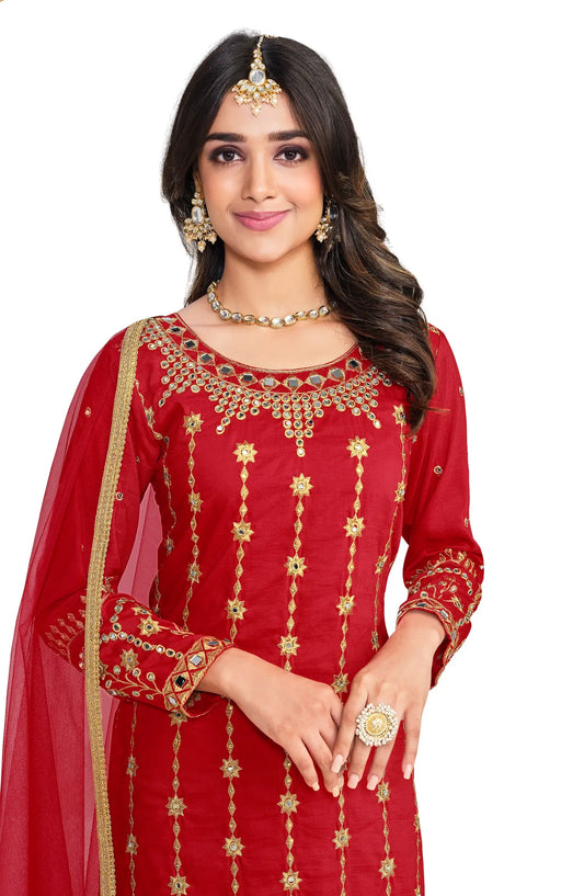 Salwar Suit Rouge en Soie Douce Bitalian avec Broderie & Travail de Miroir