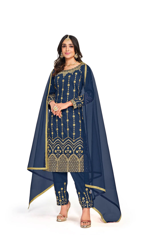Salwar Suit Bleu marine en Soie Douce Bitalian avec Broderie & Travail de Miroir
