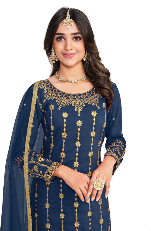 Salwar Suit Bleu marine en Soie Douce Bitalian avec Broderie & Travail de Miroir