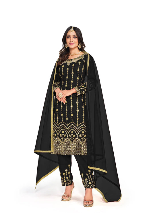 Salwar Suit Noir en Soie Douce Bitalian avec Broderie & Travail de Miroir