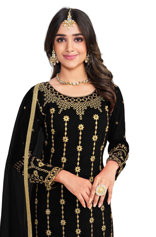Salwar Suit Noir en Soie Douce Bitalian avec Broderie & Travail de Miroir