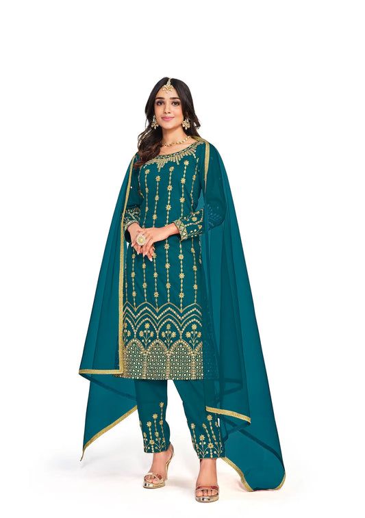 Salwar Suit Bleu canard en Soie Douce Bitalian avec Broderie & Travail de Miroir
