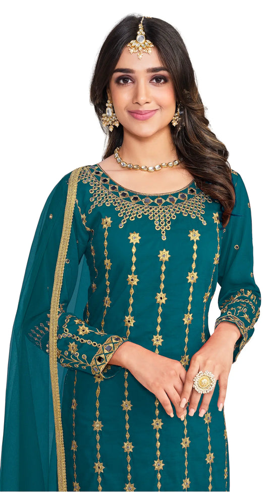 Salwar Suit Bleu canard en Soie Douce Bitalian avec Broderie & Travail de Miroir