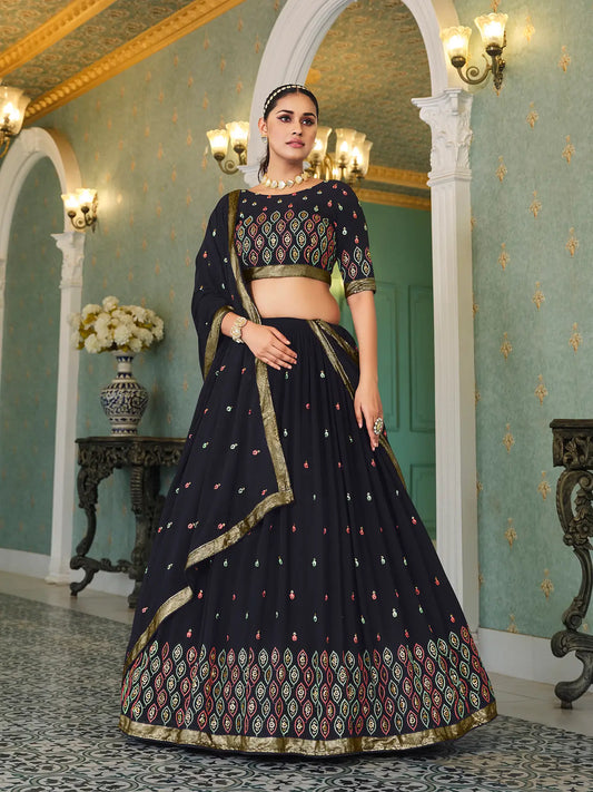 Ensemble Lehenga Choli bleu marine en Georgette avec broderie en sequins et fil