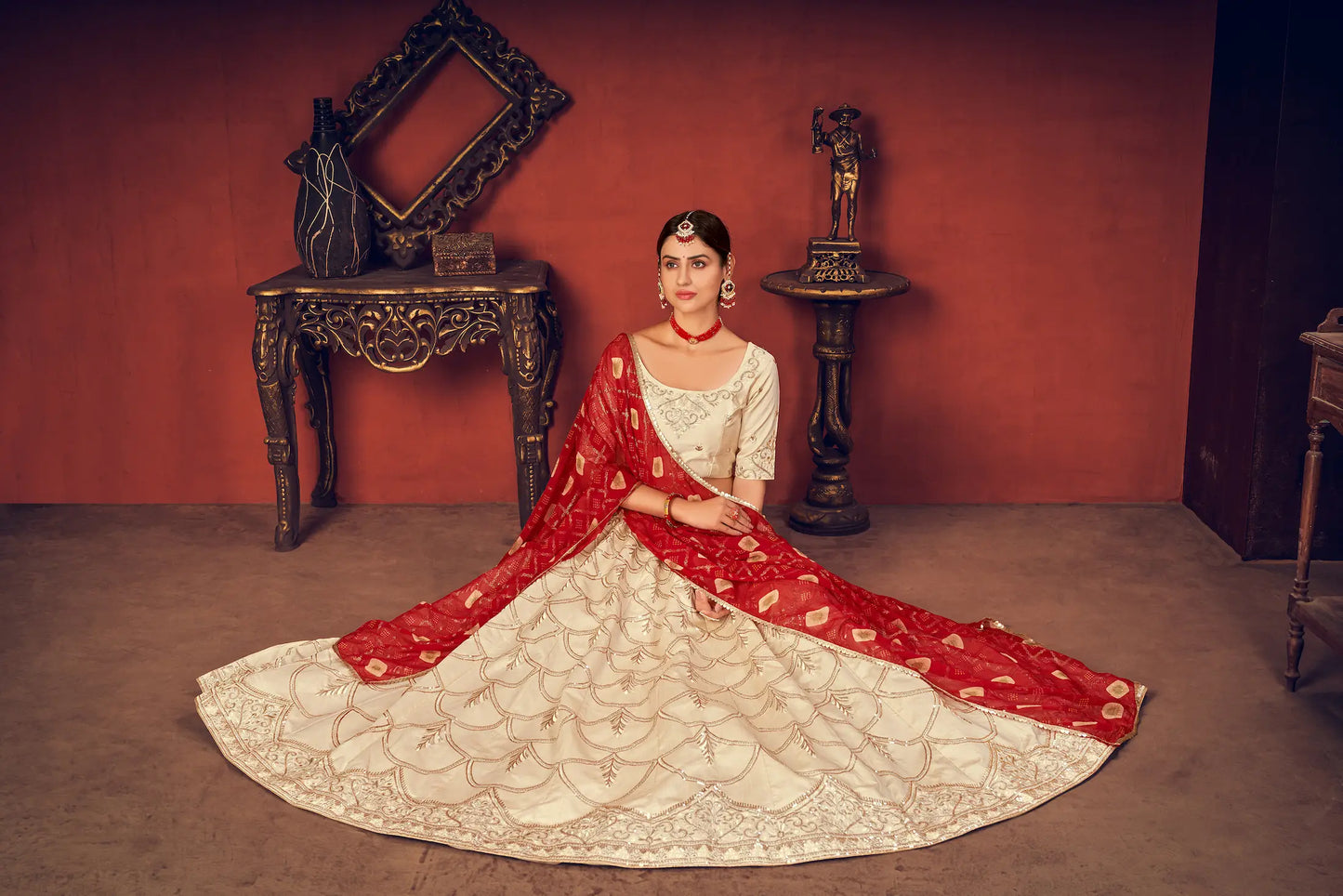 Beige Art Silk Lehenga Choli with Thread Embroidery and Sequins