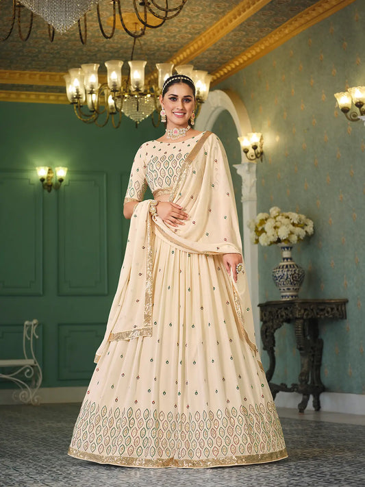 Ensemble Lehenga Choli beige en georgette avec broderie en fil et sequins