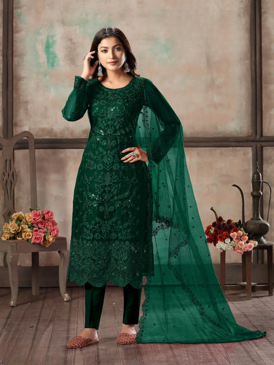 Ensemble salwar vert en filet avec broderie au fil et sequins