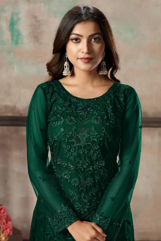 Ensemble salwar vert en filet avec broderie au fil et sequins
