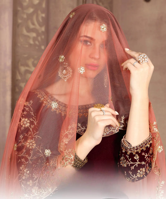 Salwar suit en velours bordeaux avec broderie au fil et sequins